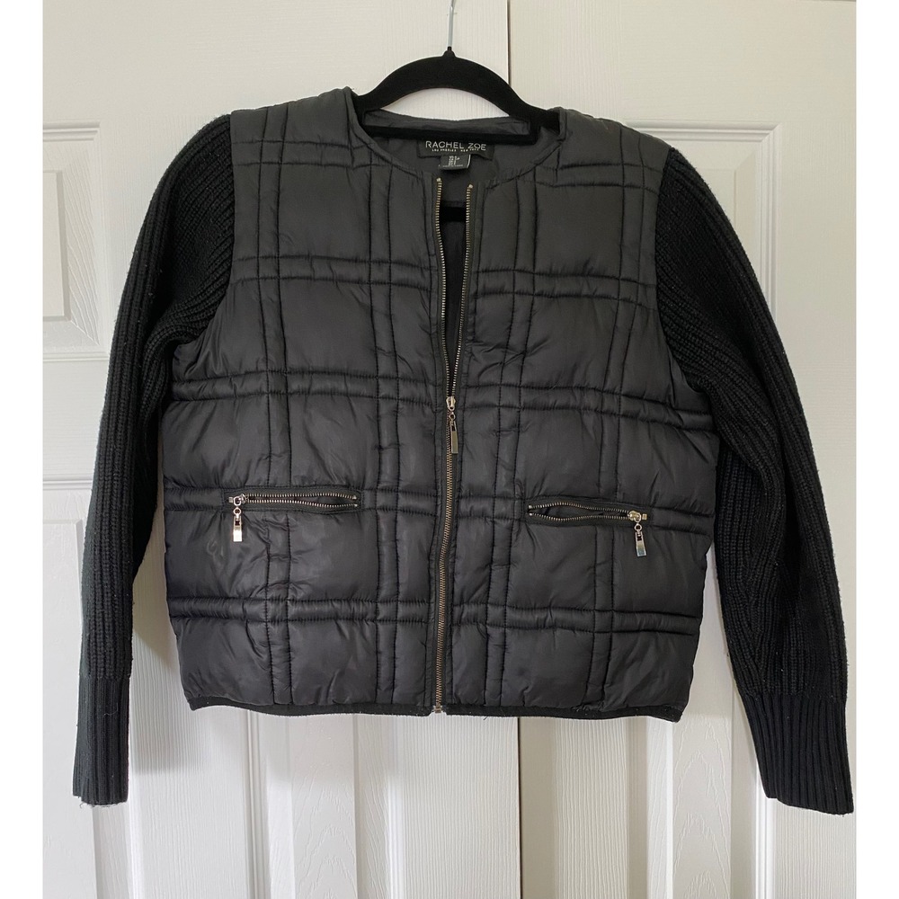 Rachel Zoe Puffer Knit Jacket Womens Small Black Mixed Media Quilted Zip Up